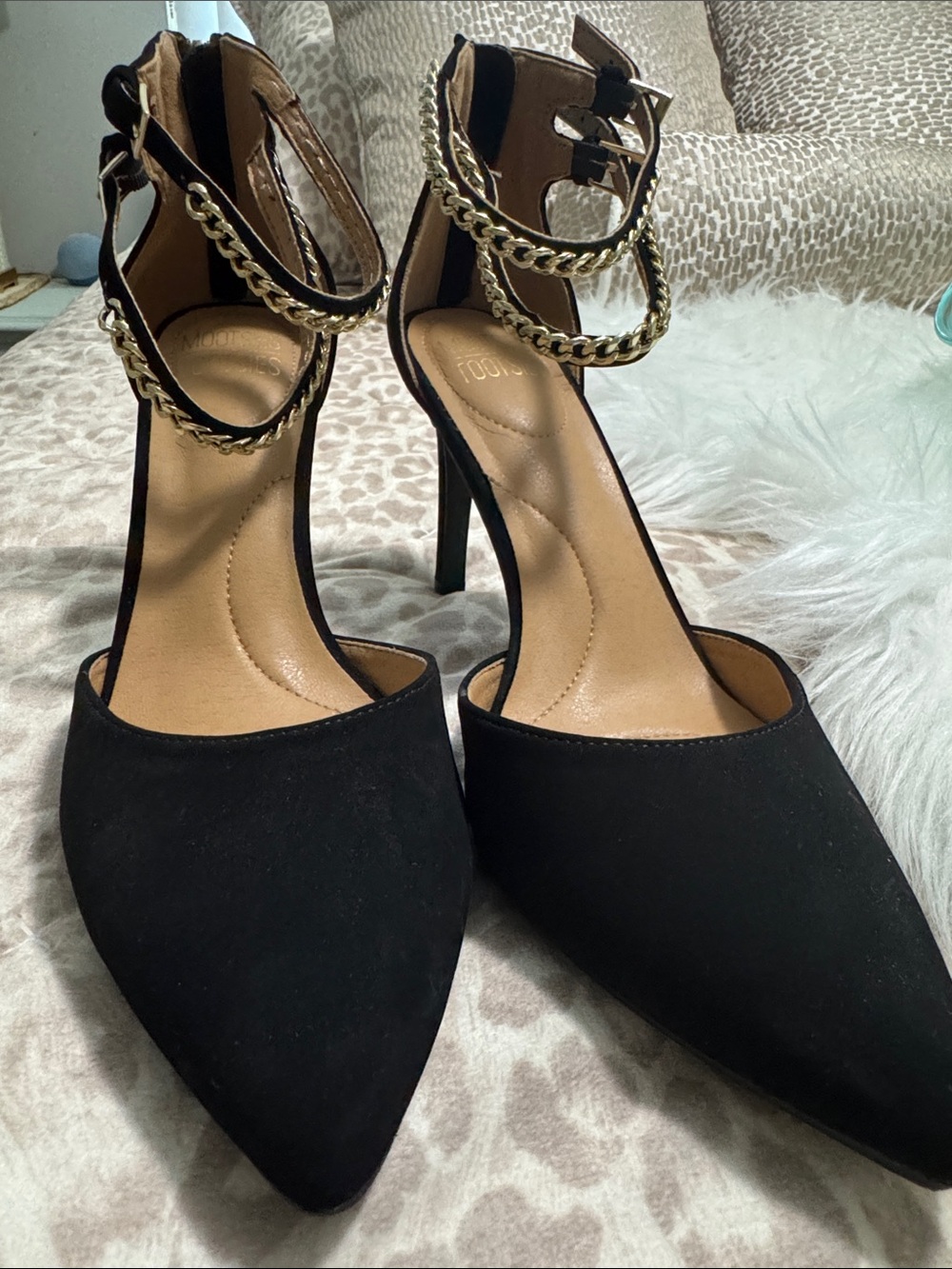 Mootsies Tootsies Black faux suede Heels with Gold Chain Ankle Straps
